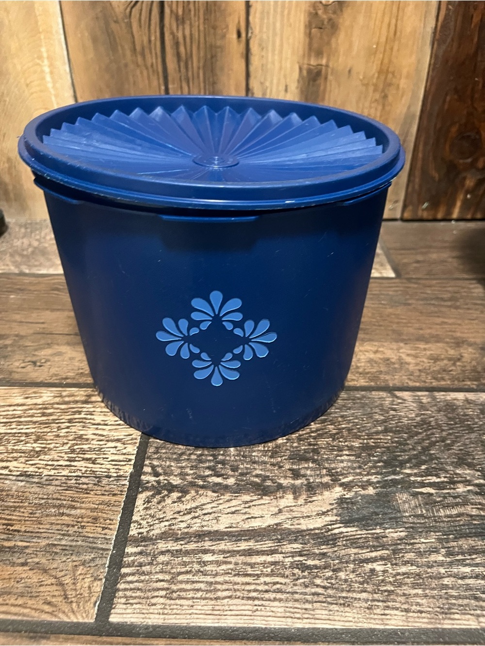 Tupperware Blue Decorative Plastic Storage Canister with Floral Motif, Vintage